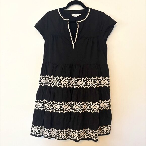 Roller Rabbit Black Embroidered Pamela 100% Cotton Tiered Mini Dress Size Small - Picture 2 of 13